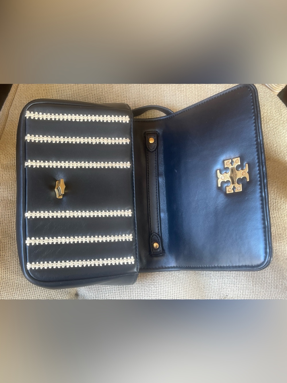 NWT Tory Burch Kira Whipstitch Leather Stripe Chain Shoulder Bag 🖤✨ - Picture 5 of 7